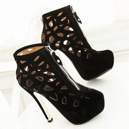Cut Out High Heel Ankle Boots