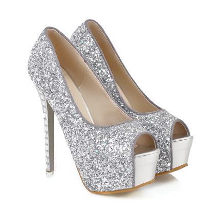 Sequins Peep Toe Glitter Bling Stiletto High Heels..