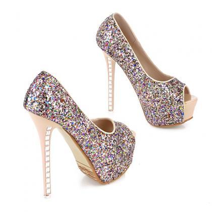 Sequins Peep Toe Glitter Bling Stiletto High Heels..