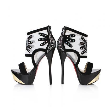 Open Toe Stiletto Lace Suede High Heels Crystal..