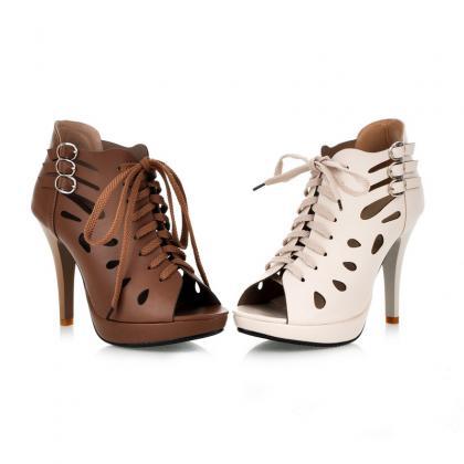 Open Toe Cut Outs Lace Up High Heels Platform..