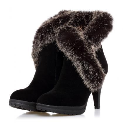 High Heel Nubuck Leather Rabbit Fur Warm Women Boots Autumn Winter ...