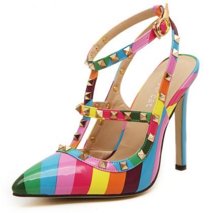 Rainbow Stiletto Fashion Sexy Pointed Toe Rivets Women High Heels ...