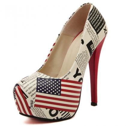 America Flag Stiletto Slip On High Heels Platform..