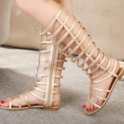 Gold Strappy Knee High Gladiator Sandals