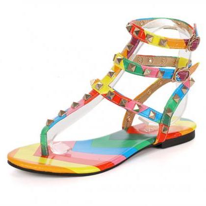 Flat Heel Rainbow Rivets Women Summer Sandals..