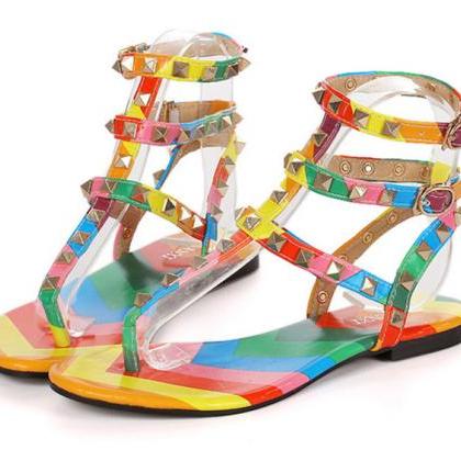 Flat Heel Rainbow Rivets Women Summer Sandals..