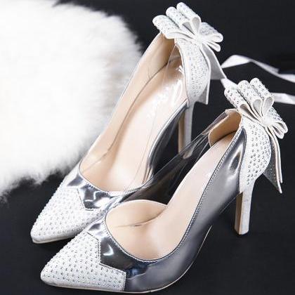 Pointed Toe Crystal Bowknot Slip On Women High..