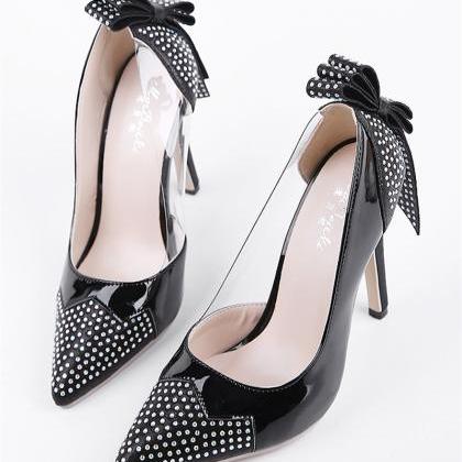Pointed Toe Crystal Bowknot Slip On Women High..