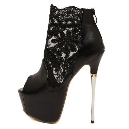 Privileged Shearling Trim Peep Toe Lace Up Stiletto Boots