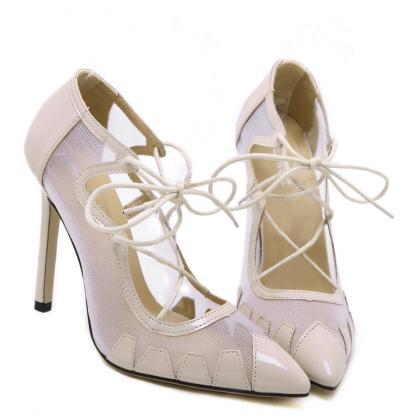 Pointed Toe Mesh Lace Up High Heel Shoes