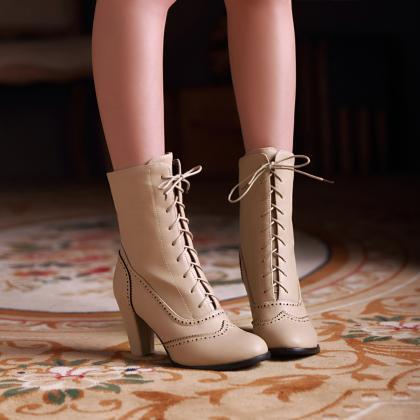 Platform Thick With Low Heel Round Toe Lace Up Mid..