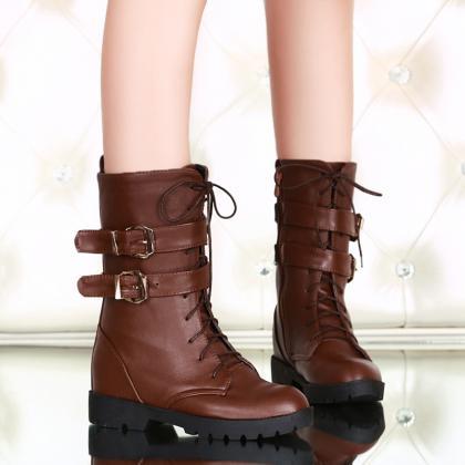 Platform Thick With Low Heel Lace Up Zipper Round..