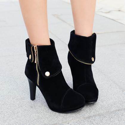 Platform Stiletto Round Toe Zipper Turned-over Edge Metal Ankle Suede ...