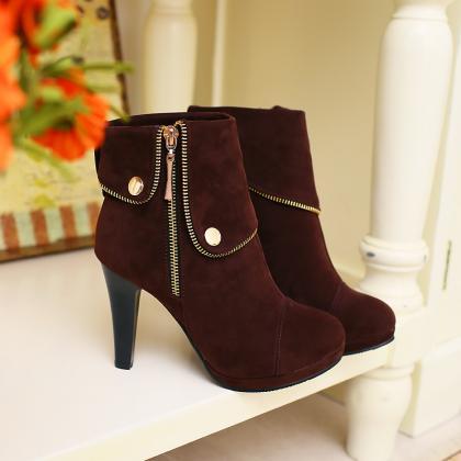 Platform Stiletto Round Toe Zipper Turned-over Edge Metal Ankle Suede Sexy Women Boots on Luulla