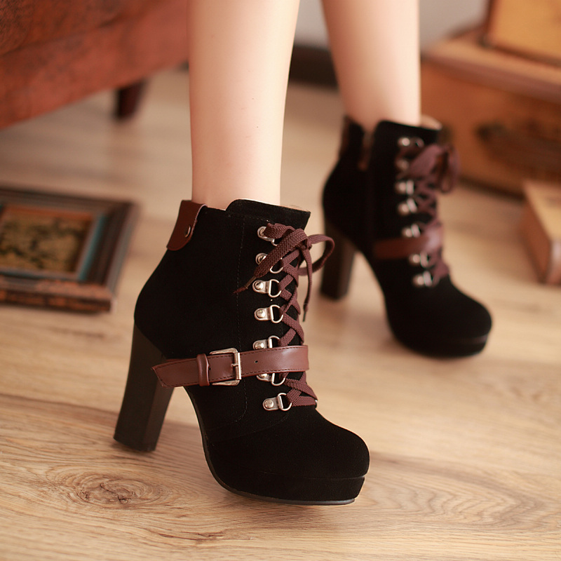 Round Toe High Heels Platform Lace Up Buckle Autumn Winter Suede Women Warm Ankle Boots