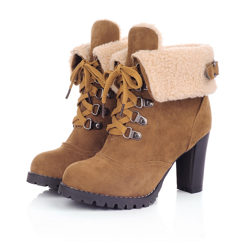 Chunky Heel Autumn Winter Warm Lace Up Nubuck Leather Ankle Boots Thick High Heels Women Shoes