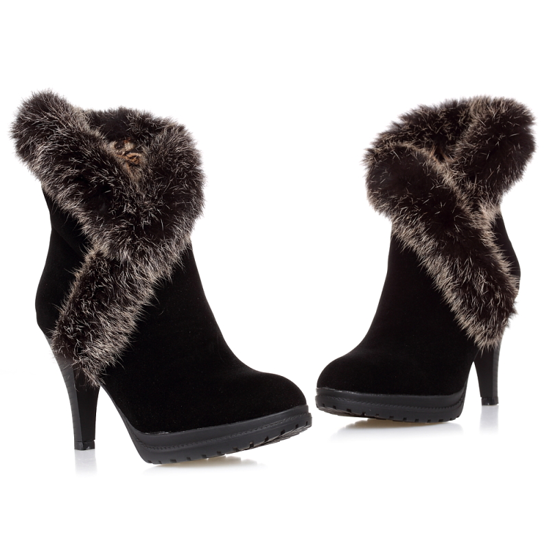 High Heel Nubuck Leather Rabbit Fur Warm Women Boots Autumn Winter ...