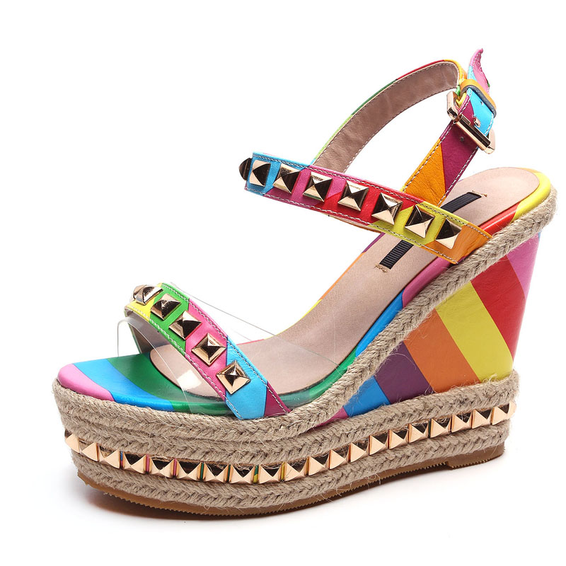 Rainbow Wedge Heel Open Toe Rivets Genuine Leather Women Summer Sandals ...