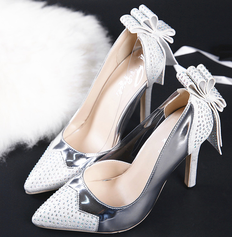Pointed Toe Crystal Bowknot Slip On Women High Heels Fashion Stiletto Pumps Wedding Shoes