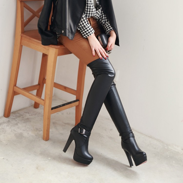 Red Bottom High Heel Platform Women Thigh High Over The Knee Boots With Buckles Big Size 2015 Autumn Winter Shoes