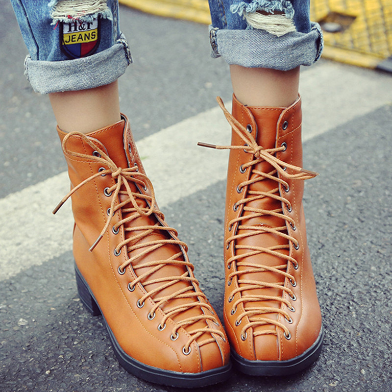 Flat Heel Lace Up Leather Martin Boots Autumn Winter Ankle Booties For Women