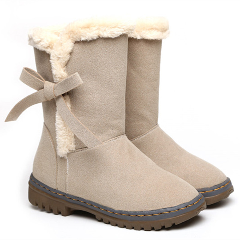 Bow Low Heel Suede Autumn Winter Warm Fur Women Snow Boots Ankle Booties