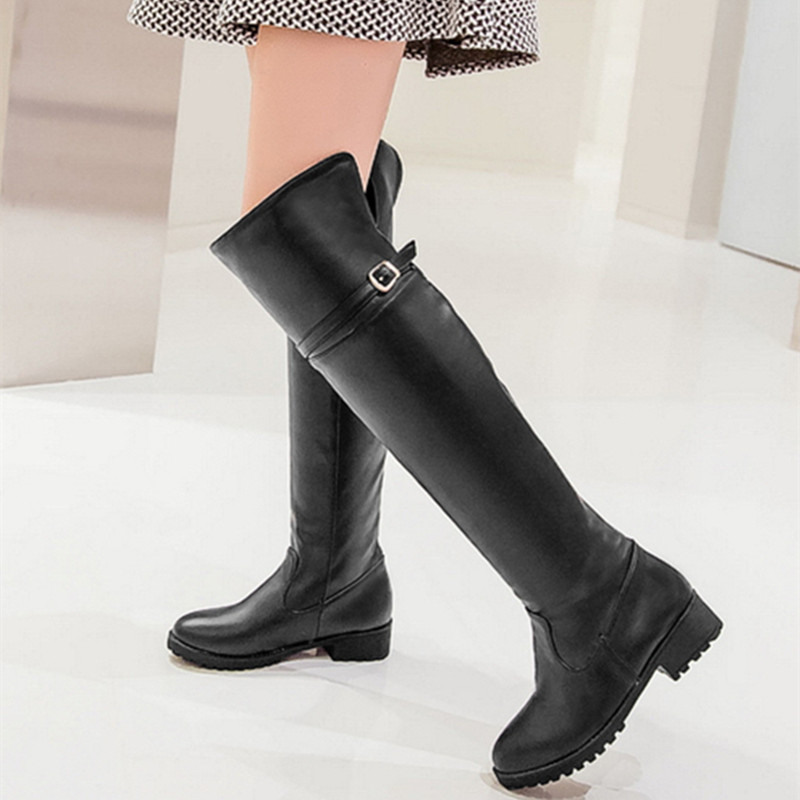 Flat Heel Women Knee High Buckle Slip On Leather Tall Boots On Luulla