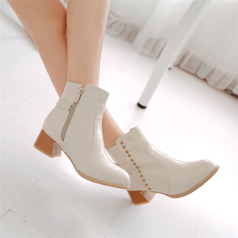Women Black Matte Platform Zipper Ankle Boots Round Heels Heeled Metal Plates Buckle  Boots