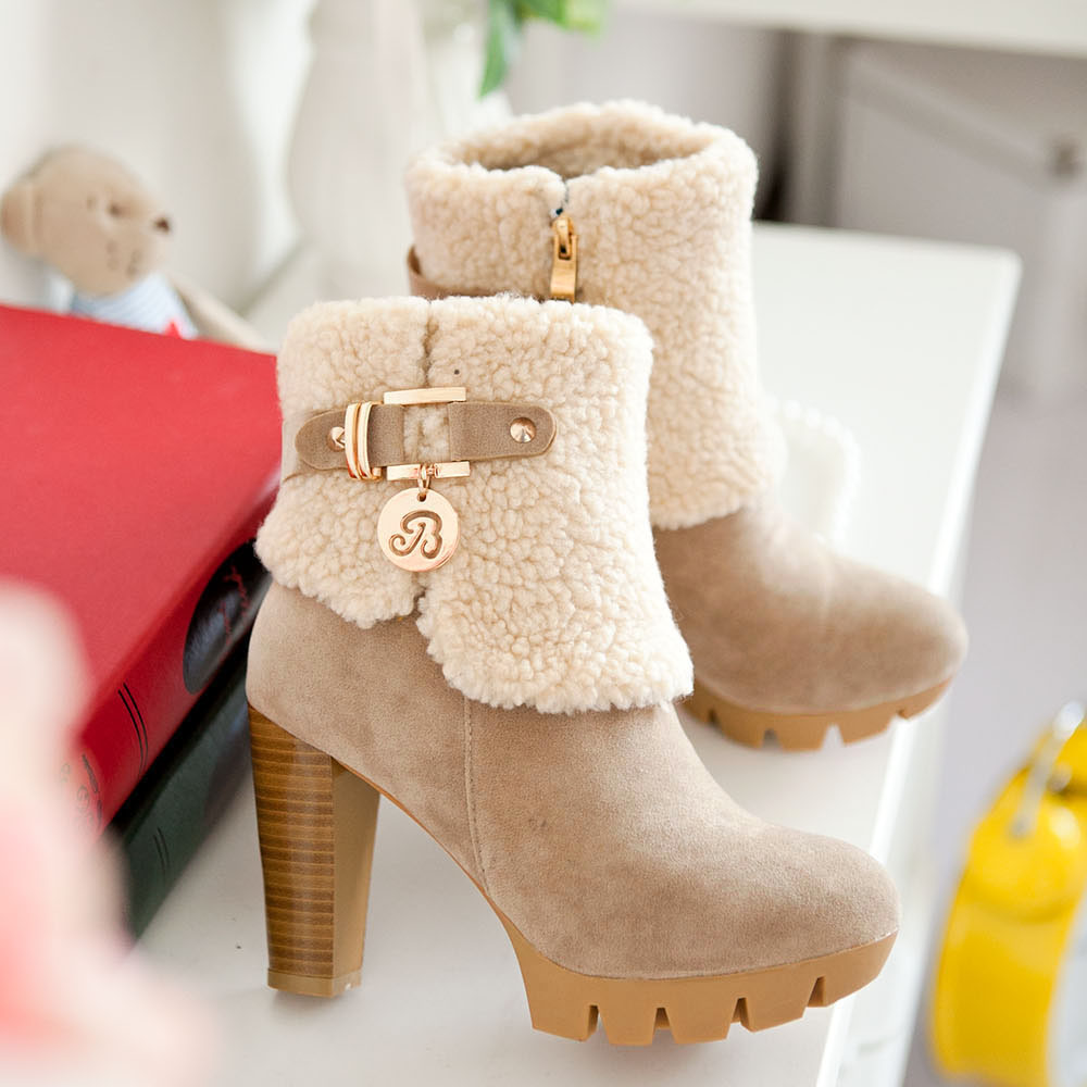 Platform Thick With High Heel Round Toe Zipper Turned- Over Edge Over The Ankle Short Plush Suede Ankle Women Boots