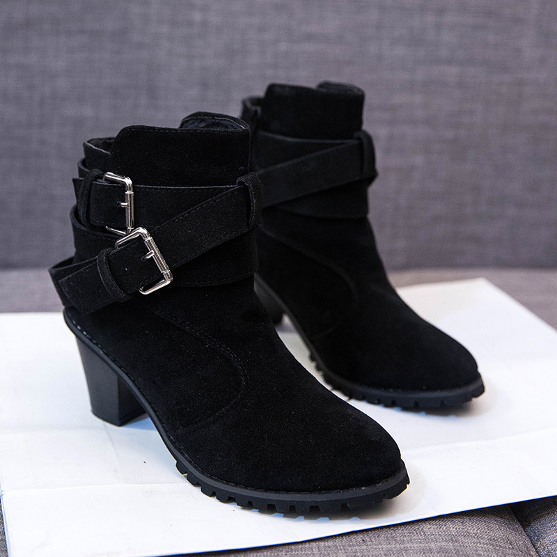 Platform Thick With High Heel Round Toe Buckle Zipper Ankle Suede Autumn Classics Women Boots