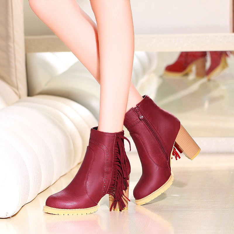 Platform Thick With High Heel Round Toe Zipper Ankle Pu Leather Tassel Women Boots