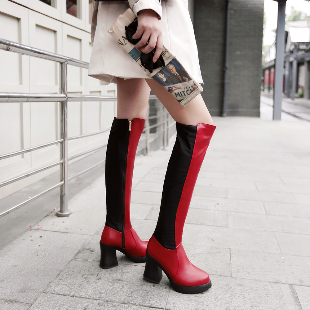Platform Thick With High Heel Zipper Round Toe Over The Knee Patch Pu Leather Women Designer Boots