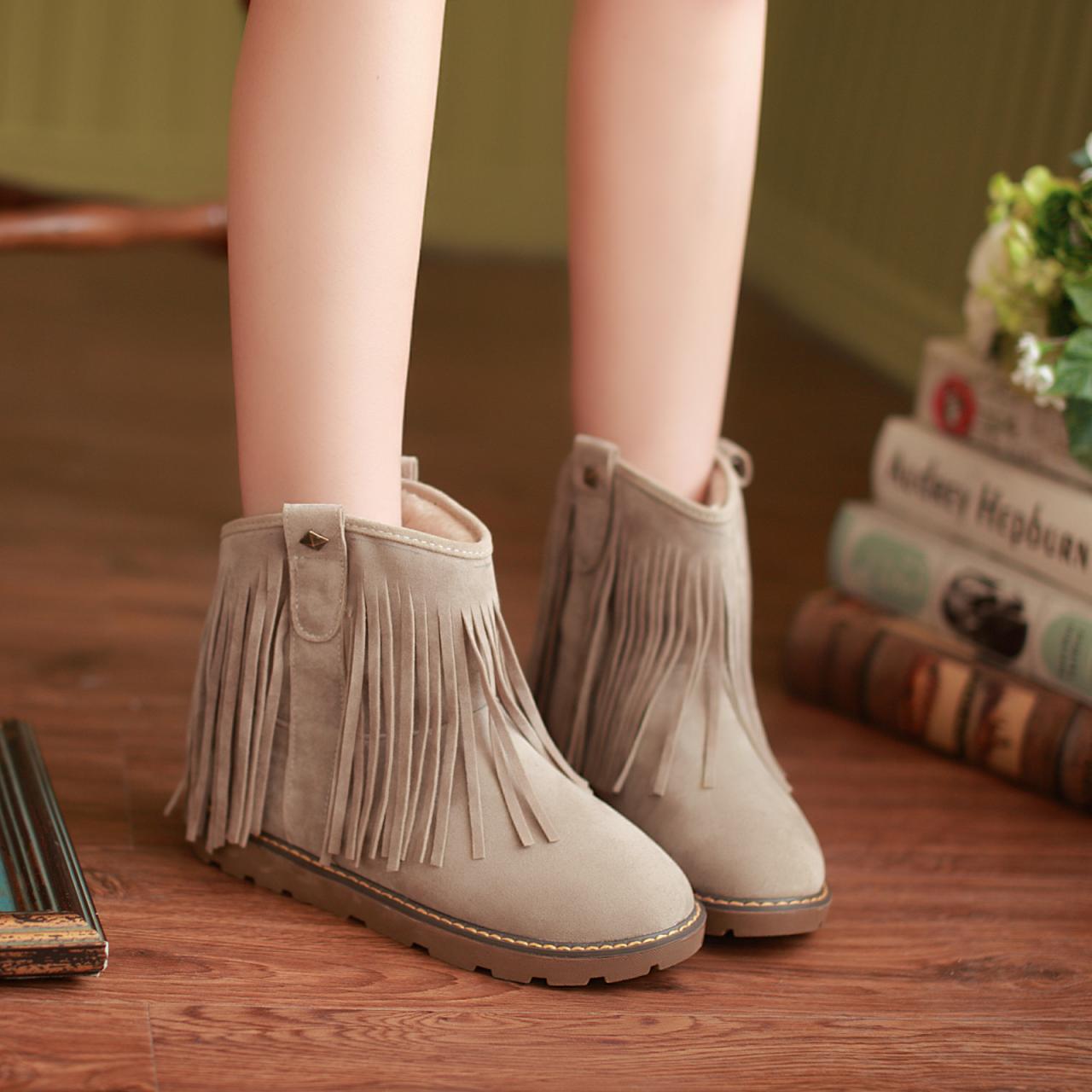 Platform Flat Round Toe Slip On Short Plush Ankle Fringe Suede Warm Desinger Snow Boots