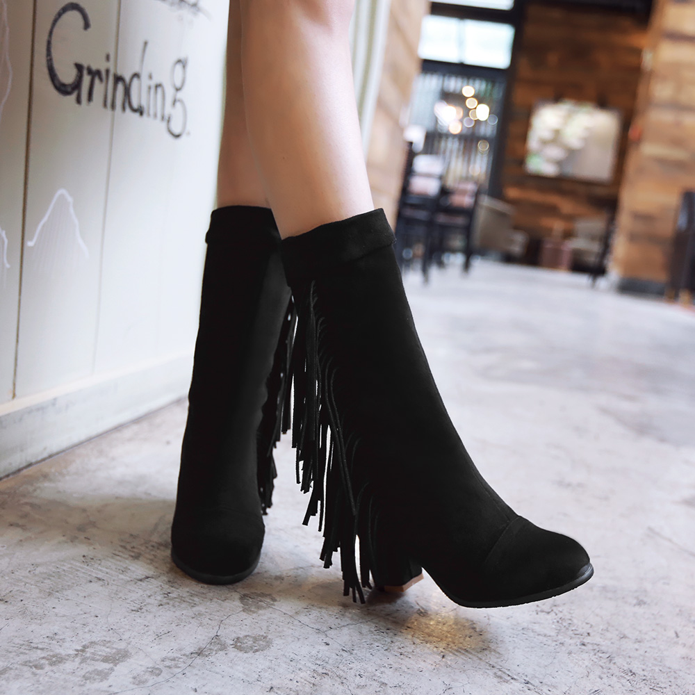 Thick With High Heel Round Toe Slip On Turned-over Edge Mid Calf Suede Tassel Boots