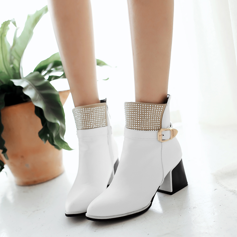 Platform Thick With Low Heel Zipper Rhine Stone Glitter Pointed Toe Ankle Pu Leather Women Elegant Boots