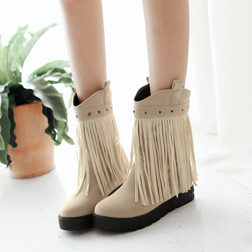 Platform Flat Height Increasing Round Toe Slip On Over The Ankle Tassel Suede Women Boots