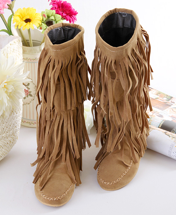 Flat Round Toe Slip On Fringe Suede Mid Calf Autumn Winter Boots For Women