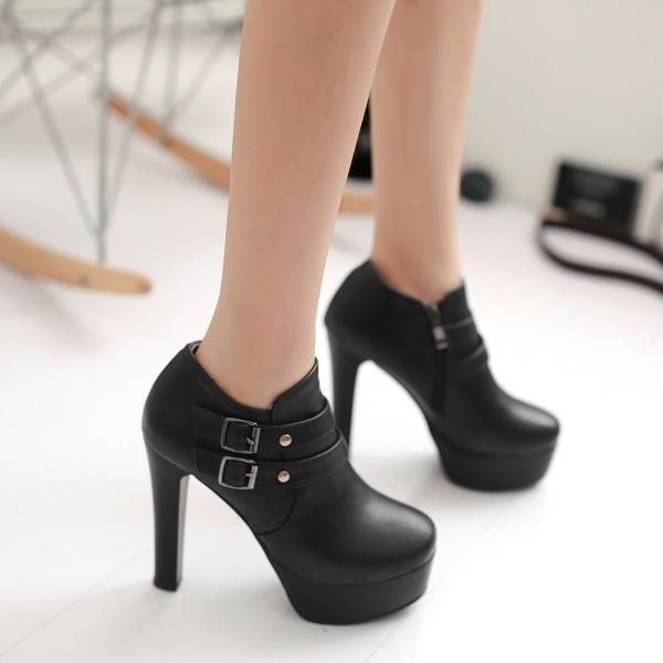 Round Toe High Heels Platform Rivets Buckle Spring Autumn Zipper Short ...