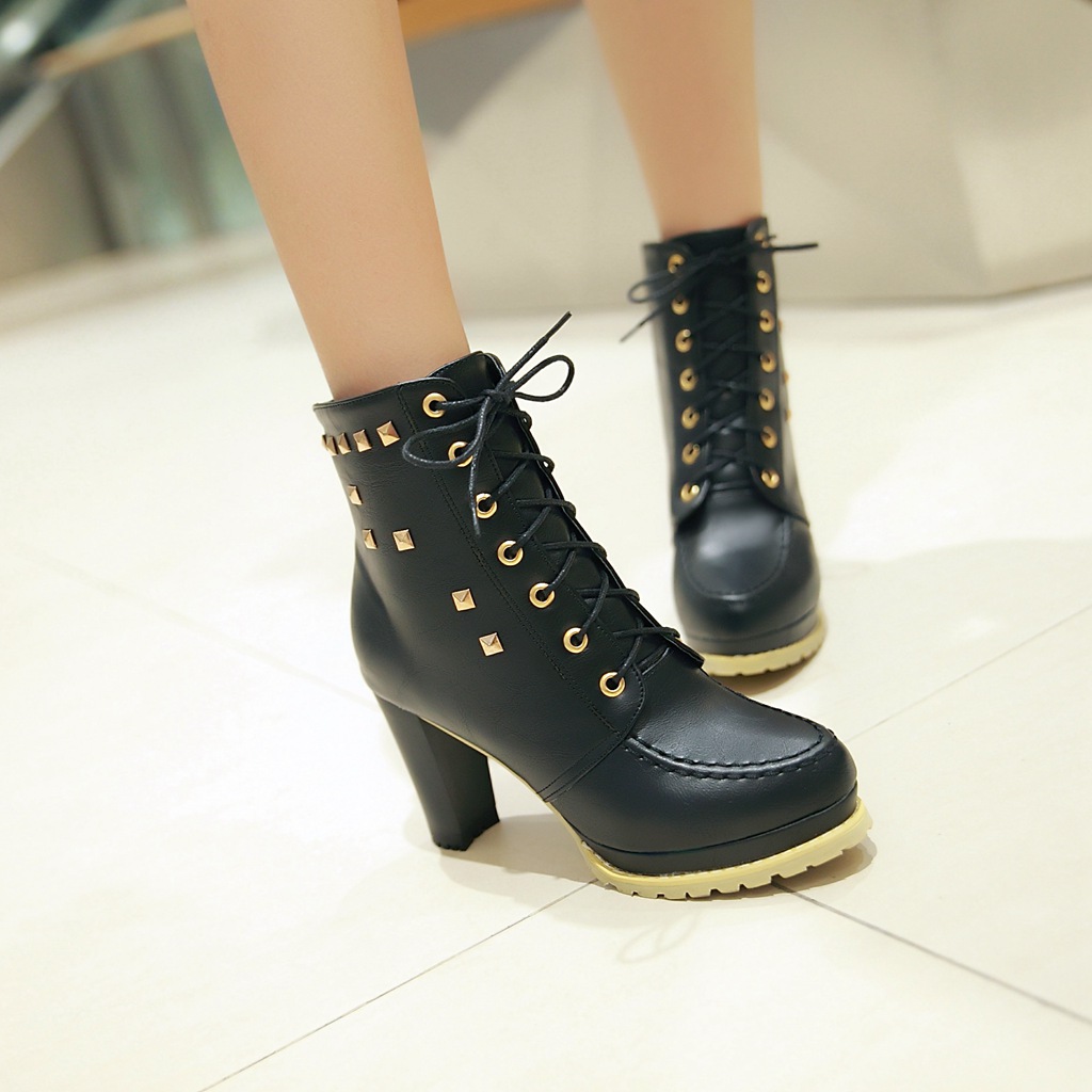 Platform Thick With High Heel Round Toe Lace Up Rivets Suede Ankle ...
