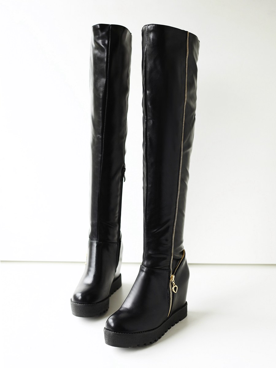 Platform Flat Heels Round Toe Zipper Over The Knee PU Leather Fashion Boots on Luulla