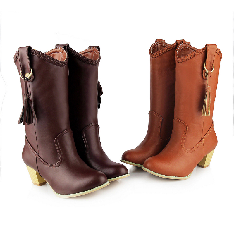 Thick With Mid Heel Round Toe Slip On Mid Calf Pu Leather Fringe Women